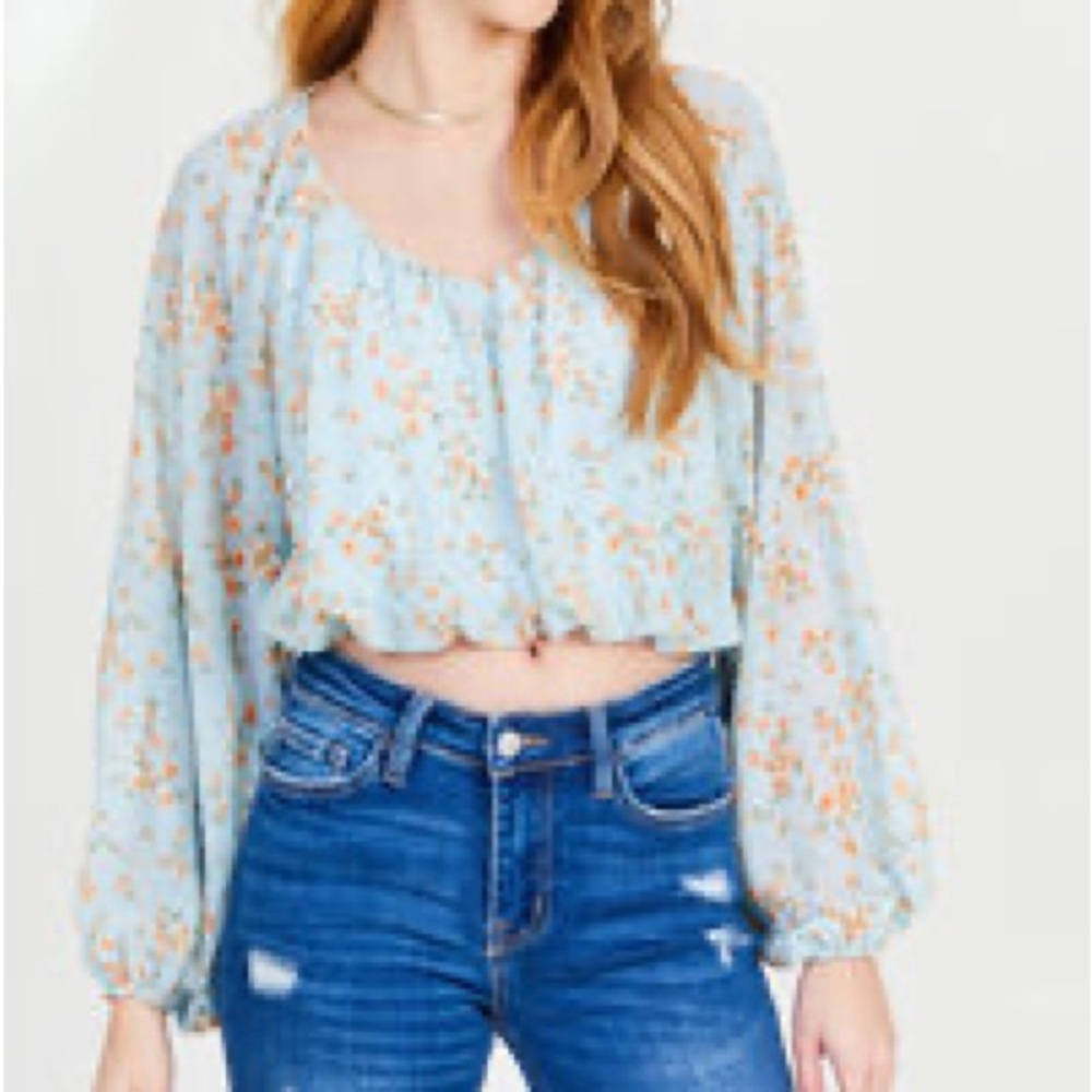 NWT Altar’d State Arin Floral Blue Orange Cropped Blouse Top